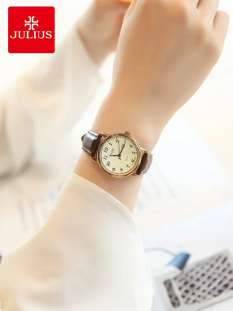 Top Julius Women\'s Watch Japan Quartz Hours Auto Date Fine Fashion Woman Clock Real Leather Strap Girl\'s Retro Birthday Gift Box