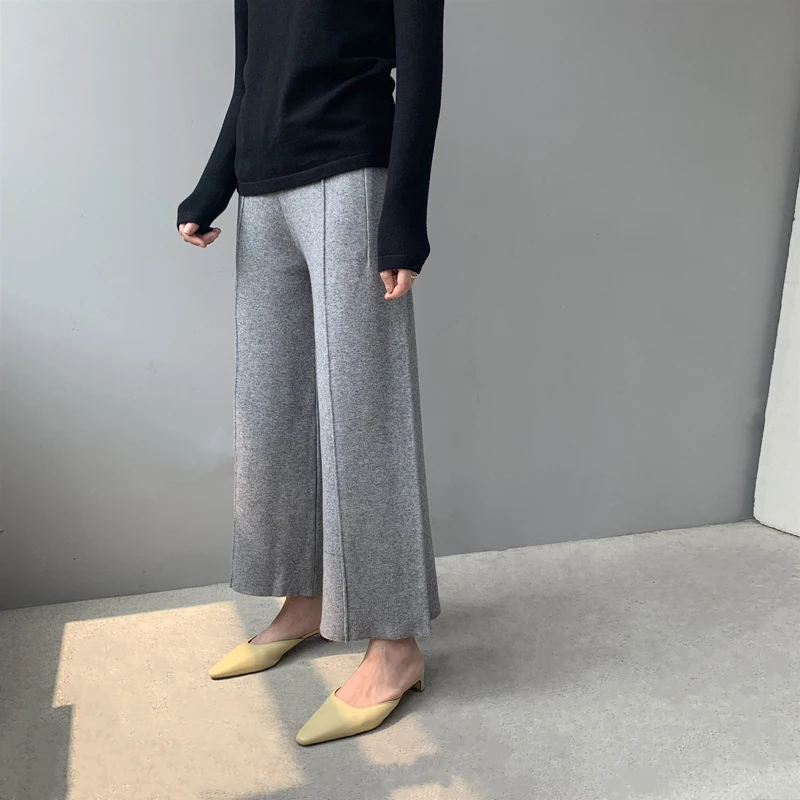 2020 Autumn Winter Thicken Wide Leg Pants Women Solid High Waist Wool Knitted Pants Casual Loose Trousers Female Pantalon Femme