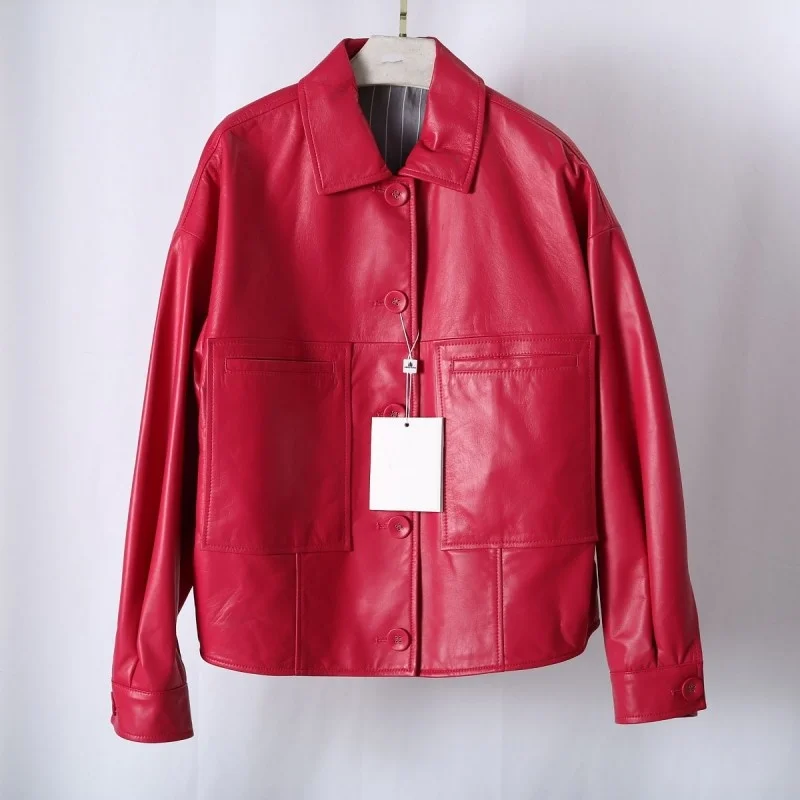 Spring New Women Genuine Leather Jacket Red Green Single Breasted Long Sleeve Motorcycle Jackets Loose Fit Real Sheepskin Coat