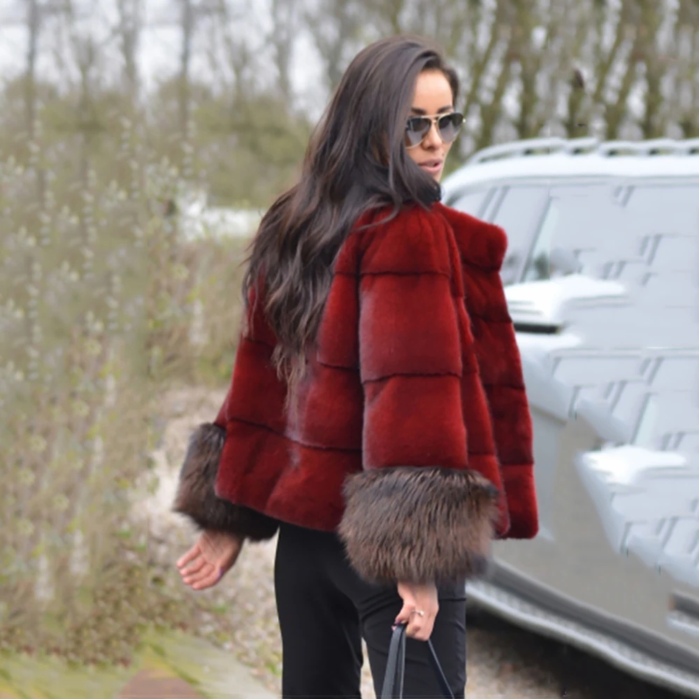 TOPFUR Fashion Wine Red Coat Women Short Jacket Real Fur Coat With Fur Collar Natural Mink Fur Full Sleeves With Fox Fur