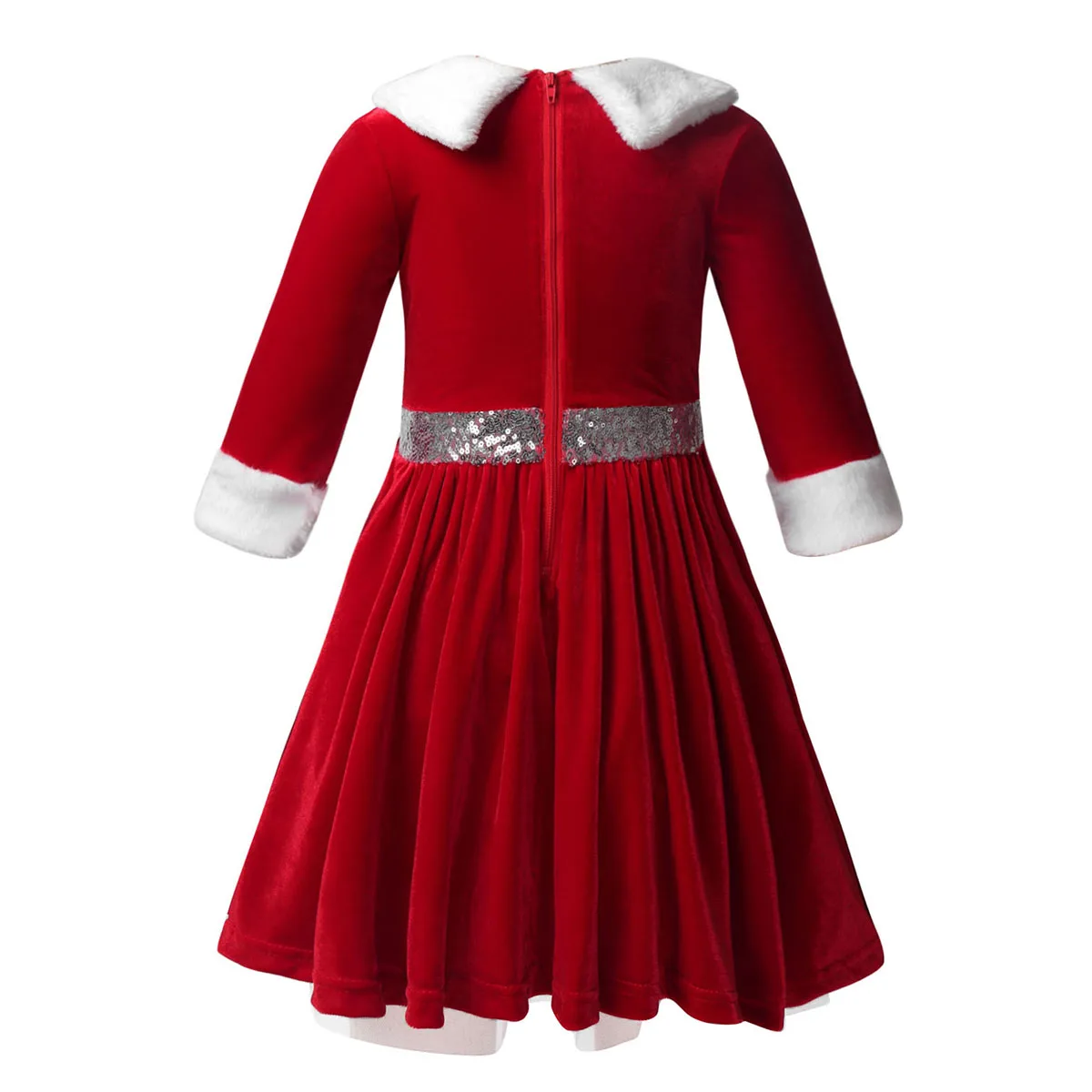 Kids Girls Christmas Mrs. Claus Dress Holiday Party Elf Costume Long Sleeve Velvet Clown Collar Pom Pom Trim Ballet Dance Dress