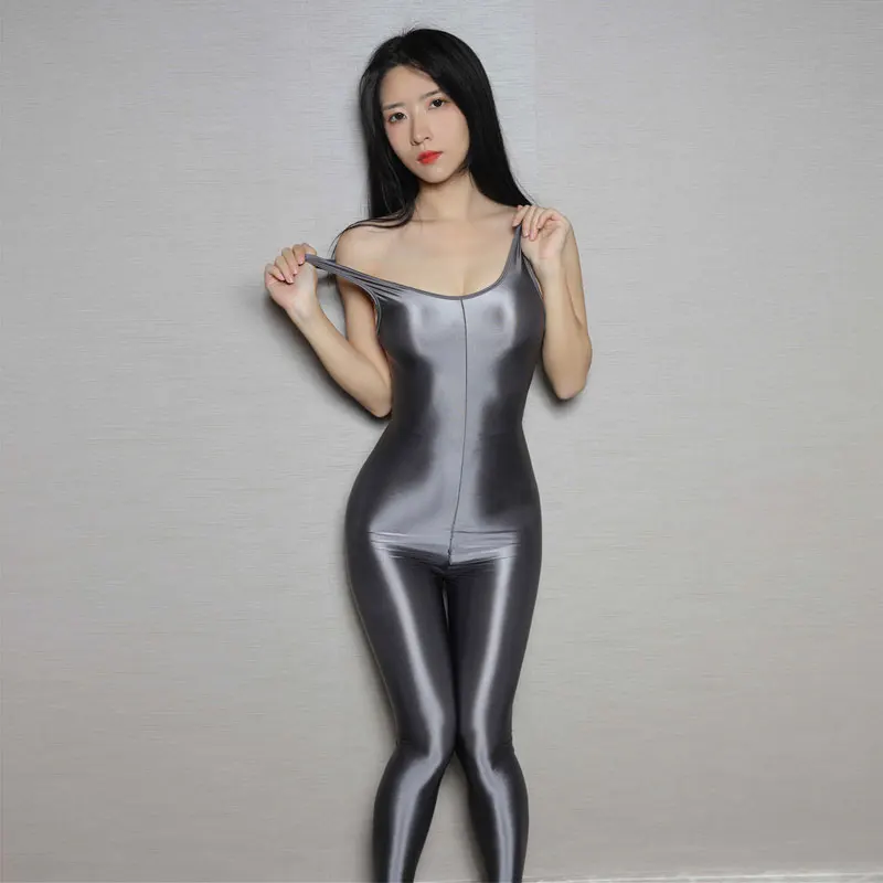 

Sexy Women Shiny Sleeveless Full Bodysuit High Elasitc Zipper Open Crotch Jumpsuit Oil Gloosy Wetlook Catsuit Sexy Tight Shaping