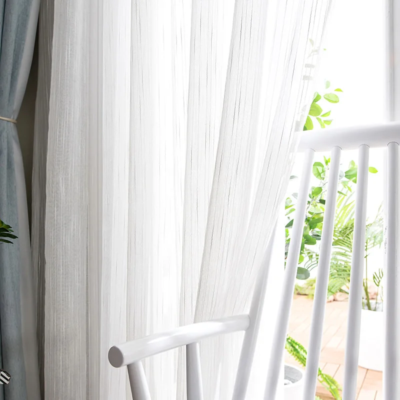 White Striped Tulle Curtain for Living Room, Japanese Style, Linen Voile, Sheer Window Curtain for Bedroom, Kitchen Customized