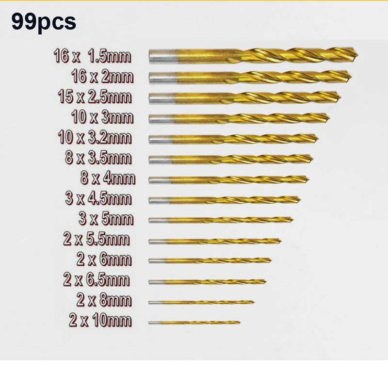 Hole Opener Iron Box packing 99PCS HSS Twist Drill Bits Set 1.5-10mm Titanium Coated Surface 118 Degree For Drilling woodworking