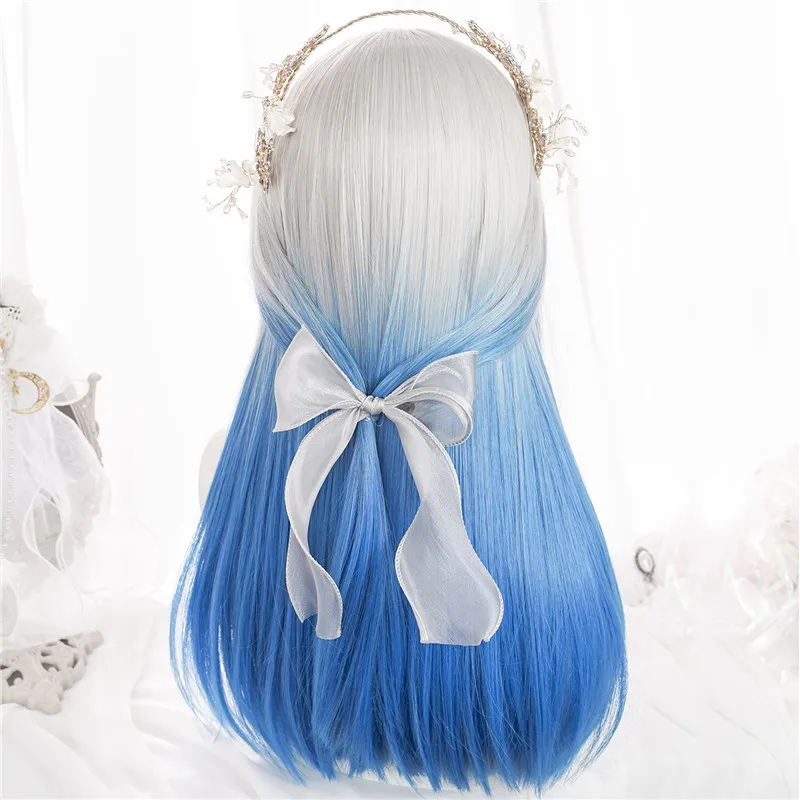 Lolita Grey Ombre Blue Wig Synthetic Long Straight Women Fluffy Wig Heat Resistant for Daily Party Cosplay