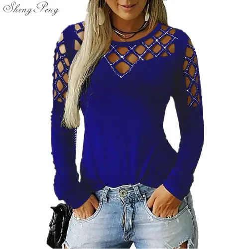 Imagen 2 del producto Blusa de manga larga holgada para mujer, Top liso con diamantes de imitación, Sexy, informal, a la moda, 5XL, V1755