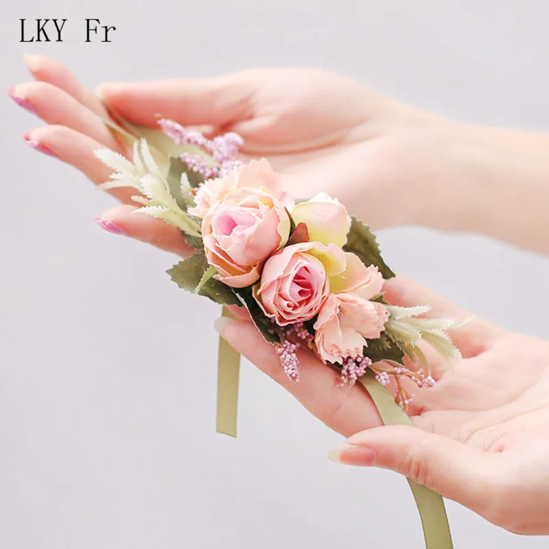 LKY Fr 웨딩 손목 코사지 신부 들러리 팔찌 실크 꽃 손목 코사지 팔찌 웨딩 핸드 꽃 Boutonniere Groomsmen