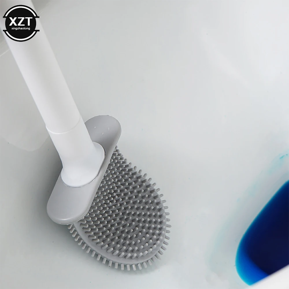 Soft Breathable Toilet Brush Water Leak Proof with Base Silicone Wc Flat Head Flexible Bristles Brush with Quick Drying Holder