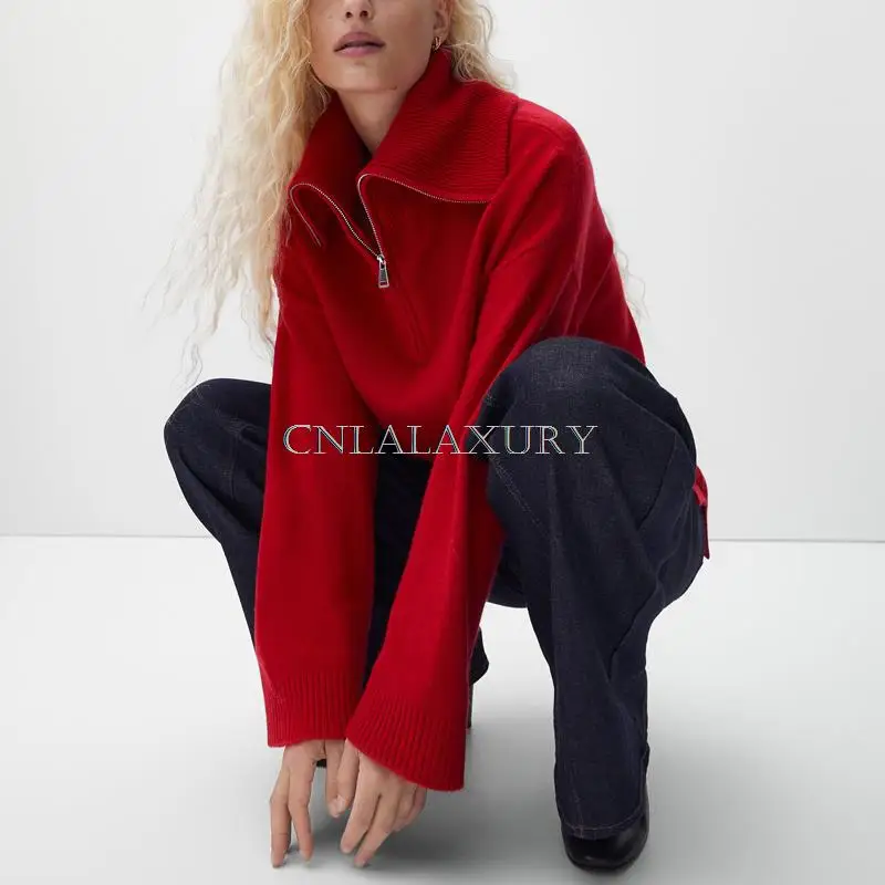 CNlalaxury 2022 Women Sweater Zipper Knitted Pullover Long Sleeve Red Color Loose Ladies Jumper Autumn Winter Female Turtleneck