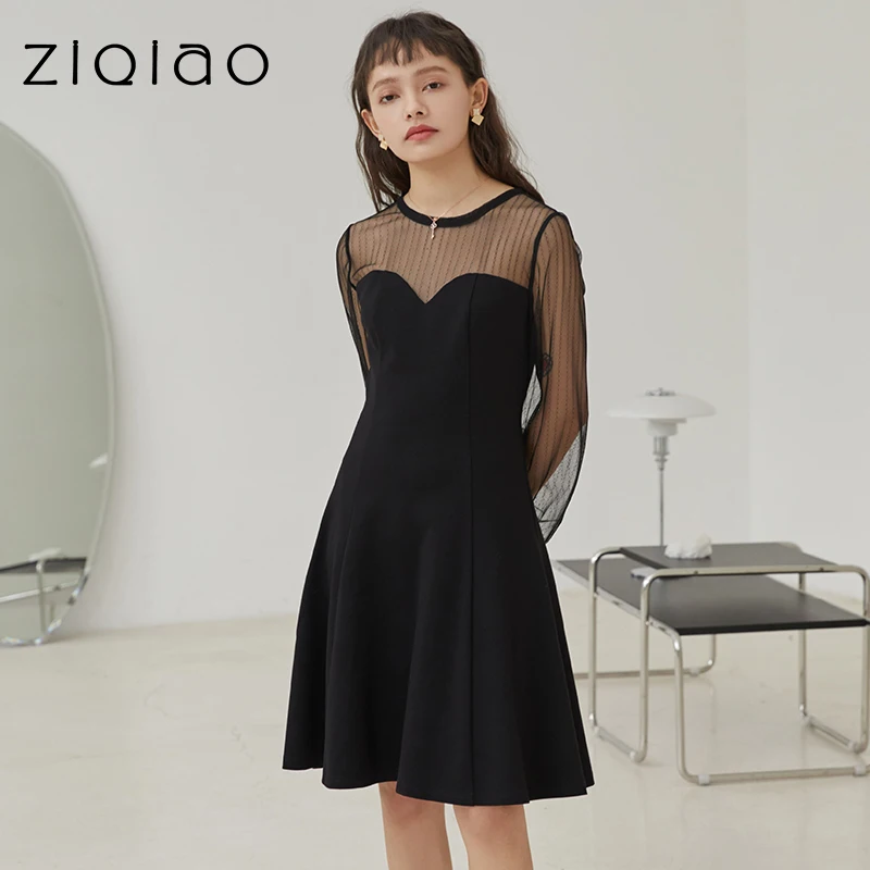 ZIQIAO Casual Dress Office Lady French Dress Spring 2021 New Demale Little Black Dress Lace Stitching Zipper Round Neck Dress