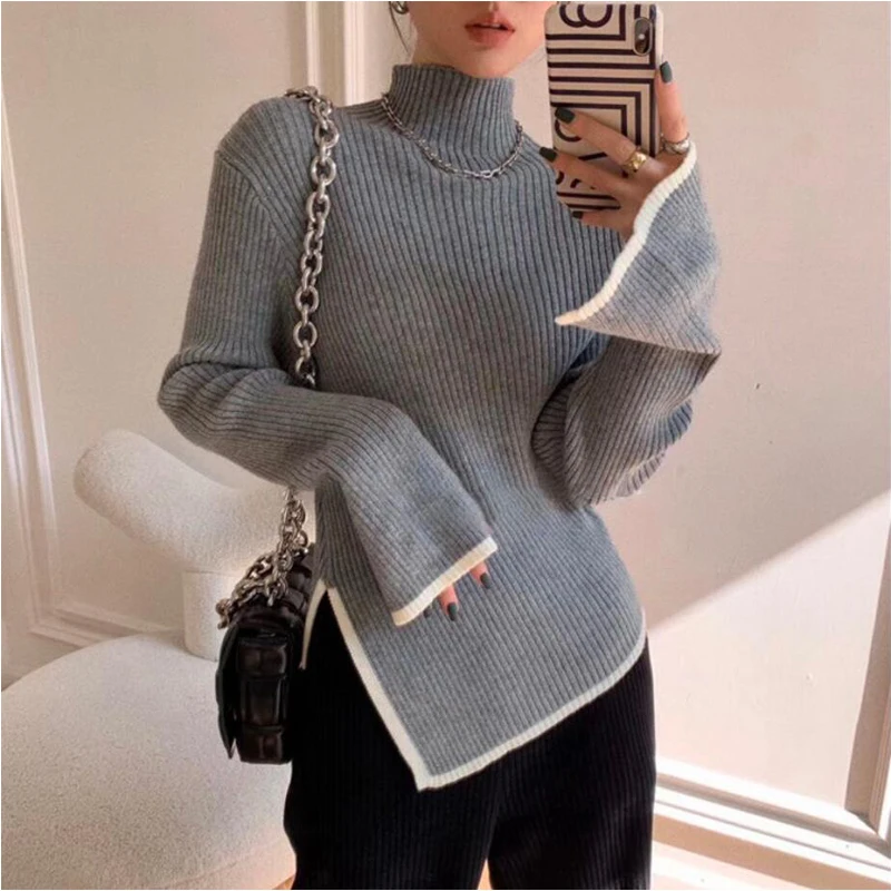 Turtleneck Women Sweater 2021 Autumn Winter New Casual Side Slit Pullover Tops Korean Fashion Knit Sweaters Long Sleeve Basic