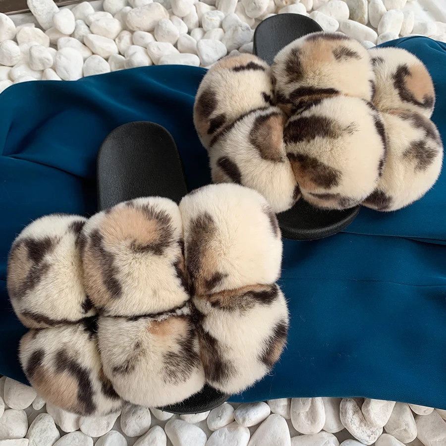 2024 Pom Pom Fur Slippers Women Fluffy Sliders Furry Sandals Real Rabbit Fur Slippers Fox Fur Slides Multicolor Customize