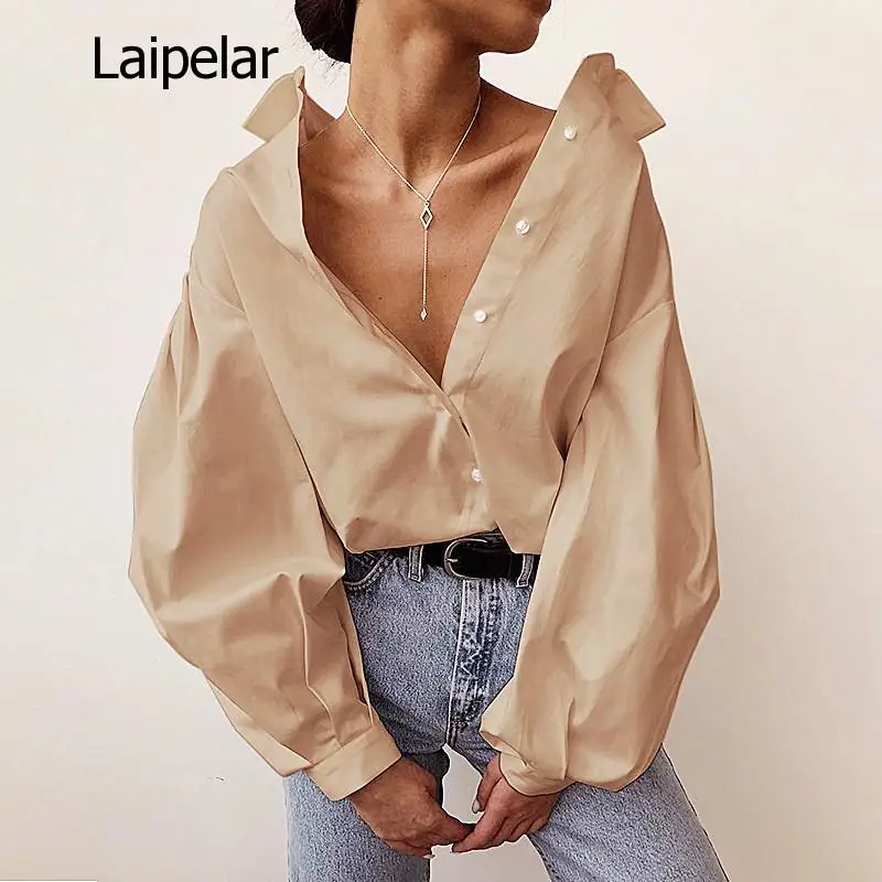 Hot Sale 2020 Autumn New Women Blouses Lantern Sleeves Lapel Streetwear Fashion Casual Wild Loose Slim Button Simple Solid Shirt