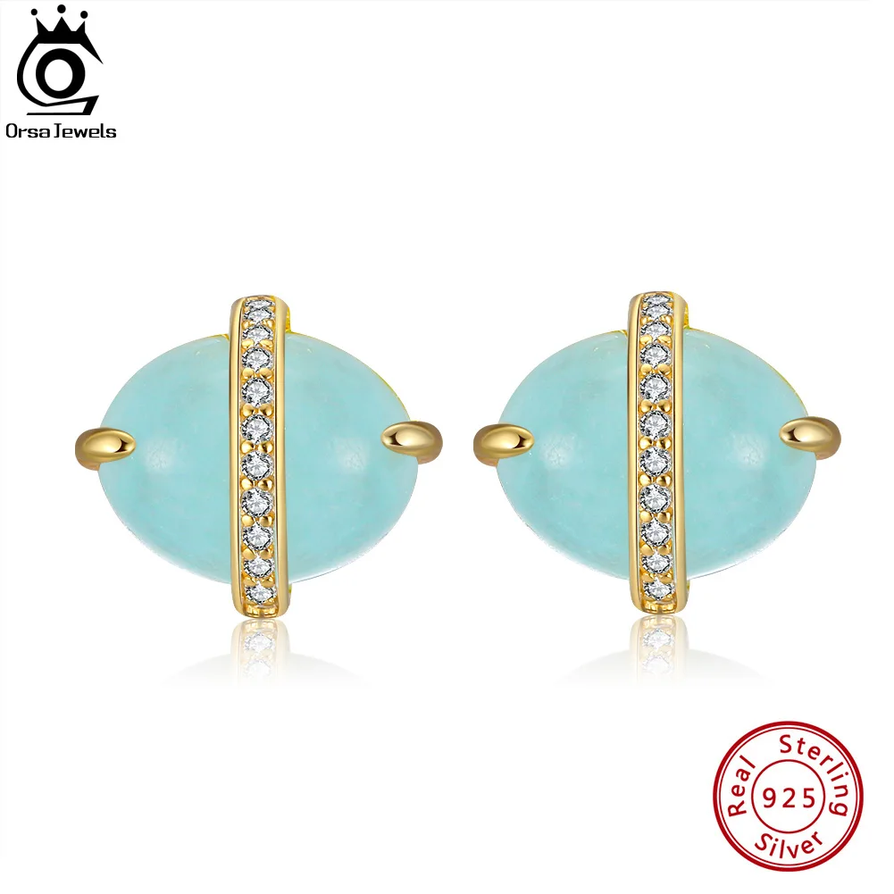 

ORSA JEWELS Oval Natural Aquamarine Stud Earrings Zirconia for Women 100% 925 Sterling Silver Simple Fine Jewelry Stone GME04