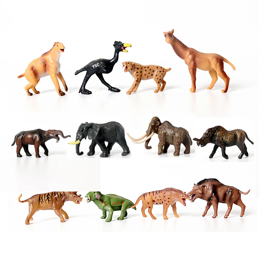 12pcs Mini Prehistoric Animals Mammoth Moropus Sabretooth Uintatherium  Deinotherium Elephant Model Figure Educational toys