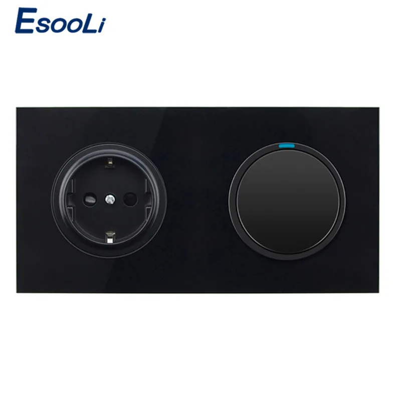 

Esooli Black Crystal Glass Panel 16A EU Standard Wall Power Socket 1 Gang 1 Way Pass Through On / Off Light Switch