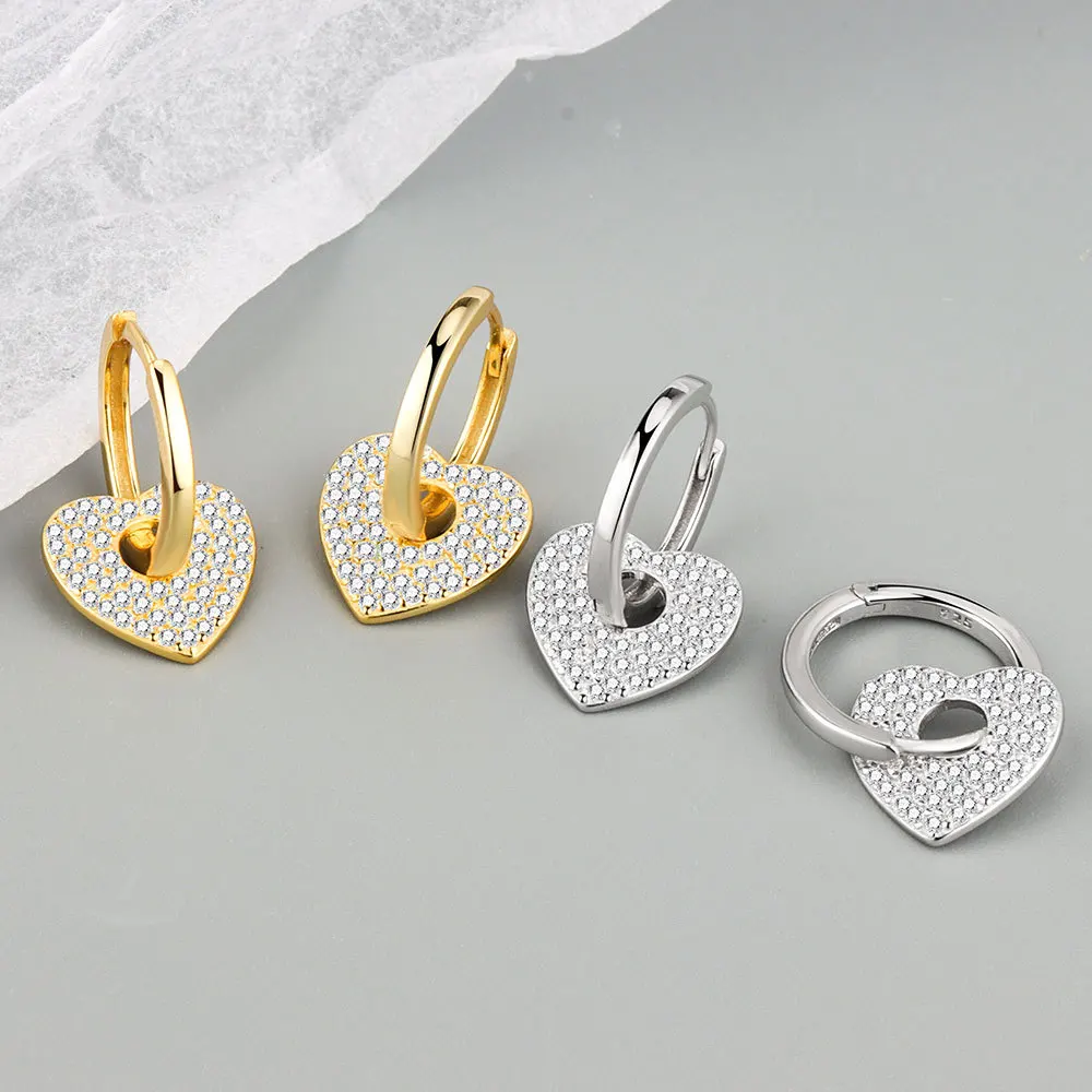 F.I.N.S 925 Sterling Silver CZ Paved Drop Earring Piercing Big Heart Crystal Pave Detachable Pendiente Fashion Fine Jewelry Gift