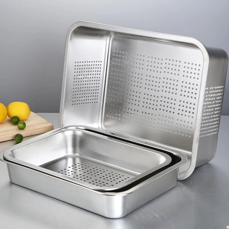 Kitchen Food Storage Tray Drain Box Rectangular Baking Bread Loaf Pans Stainless Steel Cake Vegetables Fruit Plate Snack Dish