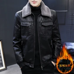 2021 Men Winter Leather Jacket Motorcycle Coat Lining With Velvet Stand Collar Air Force Casual Faux PU BlackWindbreaker S-4XL