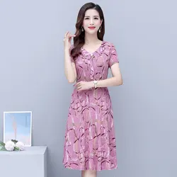 Vintage Printed V Neck Summer Dress Women Casual Short Sleeves A Line Sashes Elegant Dresses Female Vestidos