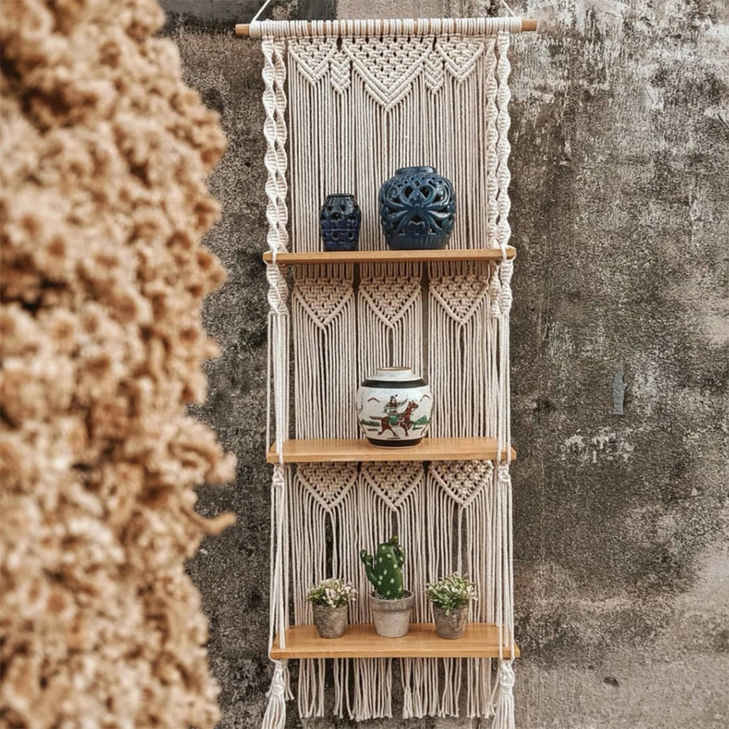 

Boho Macrame Wall Hanging Shelf 3 Tier Handmade Woven Wood Organizer Shelves Wall Floating Plant Hanger for Home Decor