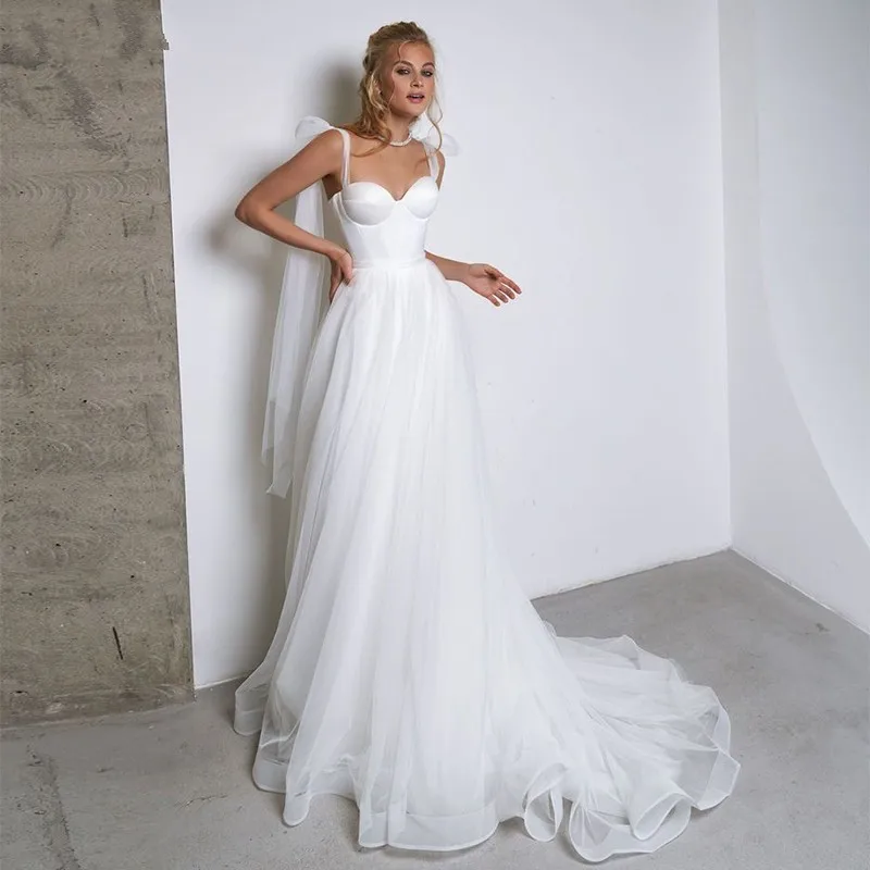 화이트 Tulle 웨딩 드레스 Boho Bow 스파게티 스트랩 a 라인 비치 신부 파티 가운 Robe De Mariage