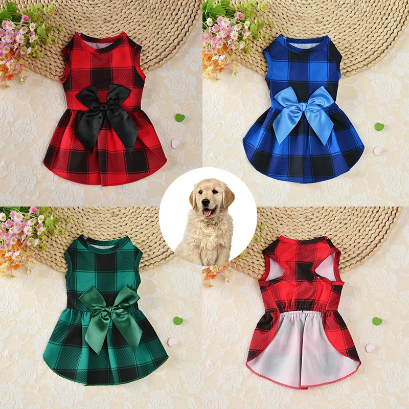 2021 Christmas Dog Plaid Skirt Sweet Dog Bowknot Princess Dress Pet Princess Clothes For Small Dogs Pet Plaid Skirt Pet Supplies