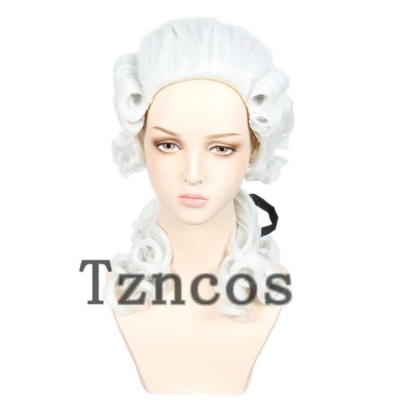 Tzncos Lawyer Judge Baroque Wig Marie Antoinette Long White Wigs Heat Resistant Synthetic Hair