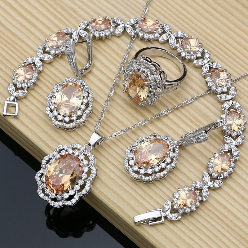 925 Sterling Silver Bridal Jewelry Sets Champagne CZ For Women Earrings Indian Jewelry Birthday Gift