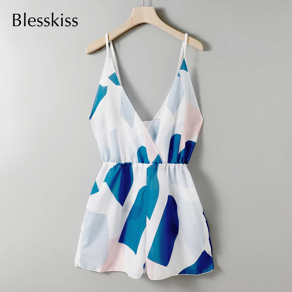 BLESSKISS Sexy V-neck Beach Summer Women Playsuit Sleveless Printed Jumpsuit Bikini Cover Up Swim Beach Dress Outfit