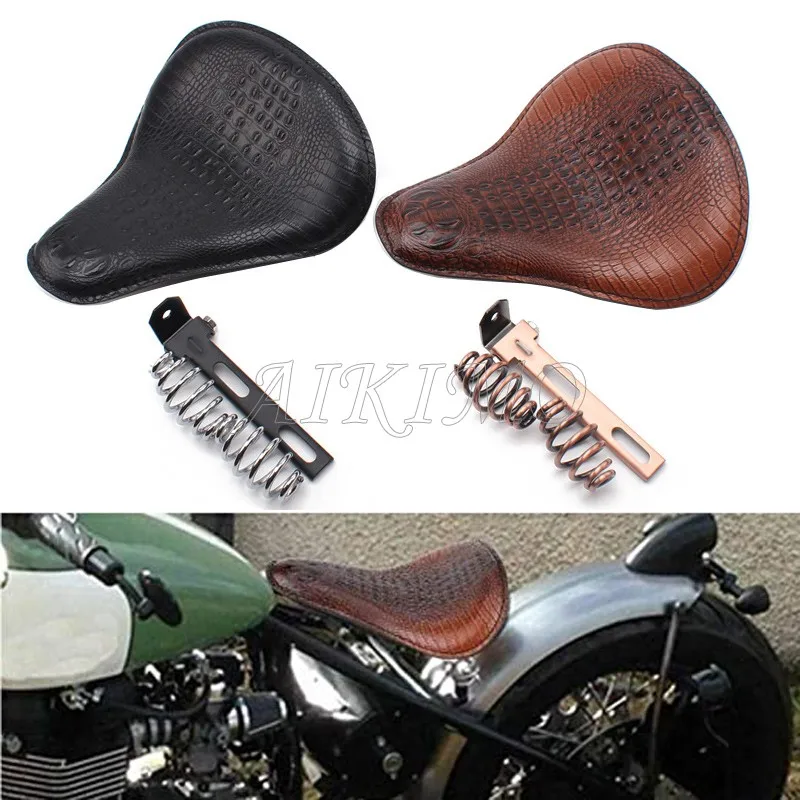 

Motorcycle Leather Retro Brown/Black Alligator Pattern Solo Seat +3" Spring Swivel Bracket For Harley Chopper Bobber Yamaha