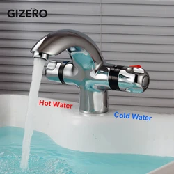 New Arrival Bathroom Basin Mixer Chrome Finish Dual Handle Temperature Control Deck Mounted Basin Thermostat Faucet ZR984