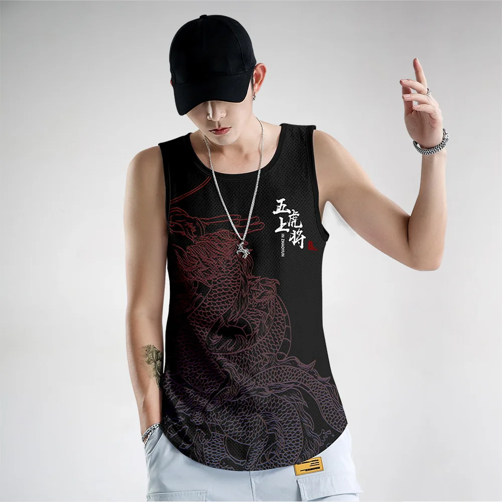 Men Black Dragon Print Beach Clothing Bodybuilding Stringer Gym Tank Top Men Fitness Singlet Sleeveless Muscle Vest