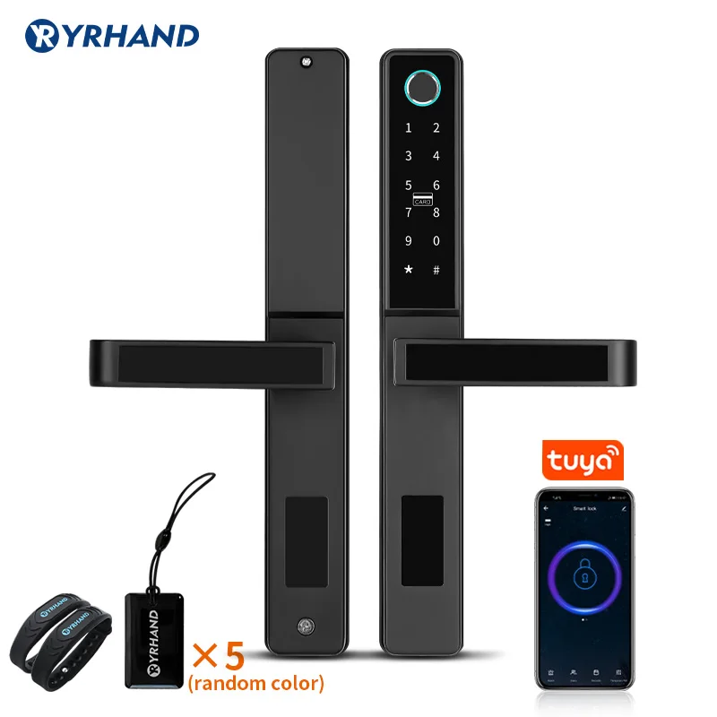 Tuya WiFi App Smart Door Lock  Aluminum Biometric lock fingerprint door handle Digital Keyless lock for Glass Sliding or Wooden