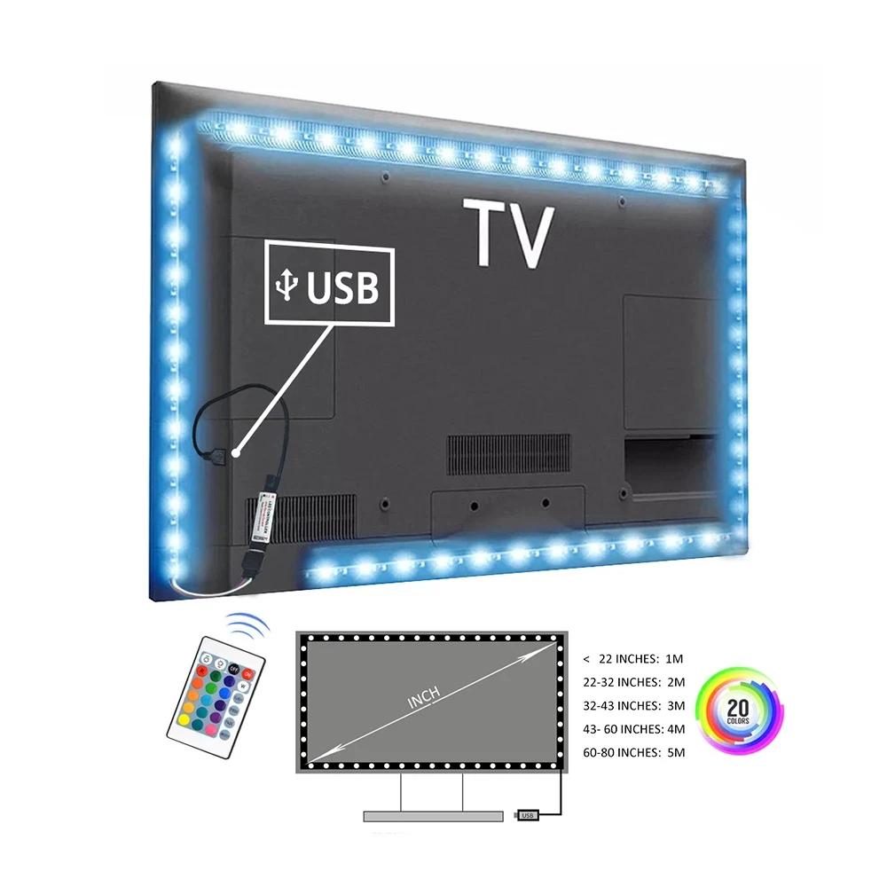 USB RGB LED Strip 5050 Tape Controller Gabinete Ambient Light 55 32 Inch Behind TV Backlight 4K HDMI 5v Gamer Cabinet Decoration