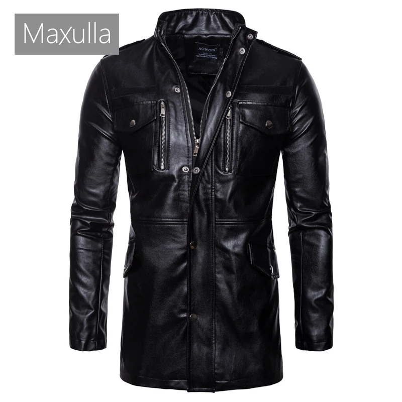 Maxulla New Men\'s Leather Jackets Casual Mens Long Motorcycle Leather Coats Man Slim Outerwear Leather Biker Jackets Clothing