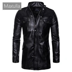 Maxulla New Men's Leather Jackets Casual Mens Long Motorcycle Leather Coats Man Slim Outerwear Leather Biker Jackets Clothing