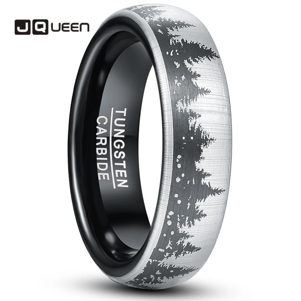 JQueen 6mm Black Laser Forest Fir Tree Christmas Tree Pattern Tungsten Carbide Ring Men's Fashion Wedding Jewelry Best Gift