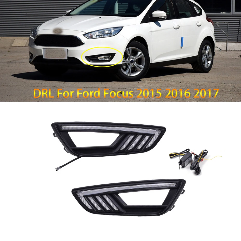 2Pieces Car LED Daytime Running Lights Turn Signal Flashing Yellow Replace Fog Lamp Covers DRL 12V for Ford Focus 2015 2016 2017