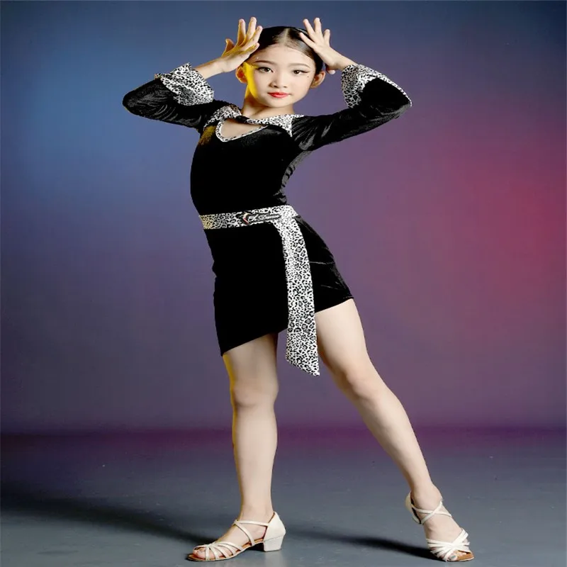 

Girls Leopard Print Latin Autumn And Winter Long-sleeved Black Practice Clothes 2021skirt And Tops Ballroom Spring Dancing Dress