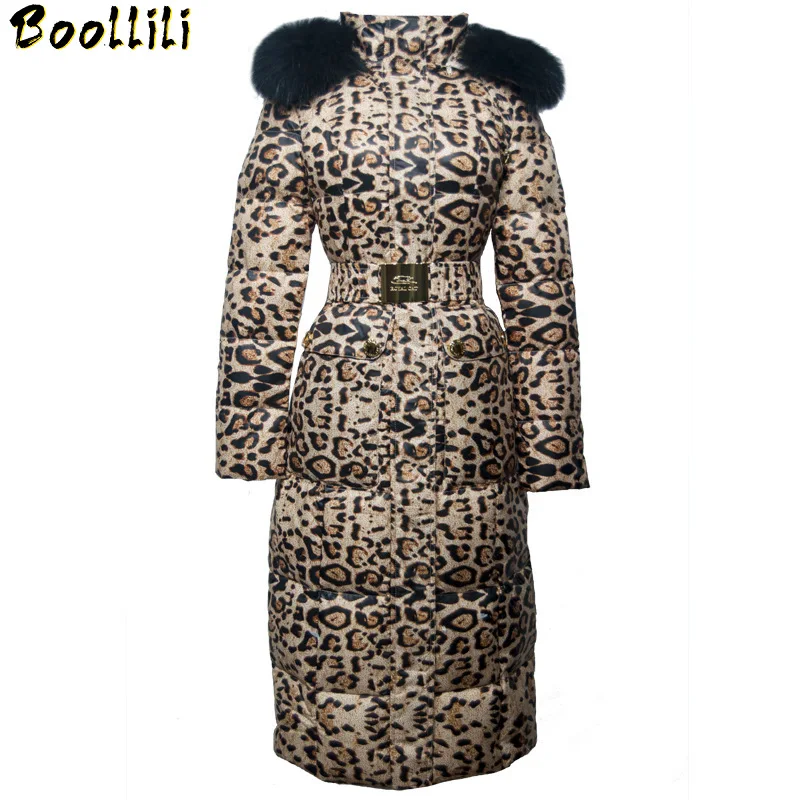 Down Boollili White Jacket Woman Hooded Leopard Winter Coat Women Long Warm Puffer Jacket Raccon Fur Collar Chaqueta Mujer