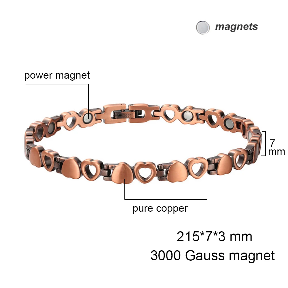 Copper Magnetic Therapy Bracelet for Women Arthritis Pain Relief Love Heart Solid Copper Bracelets Jewelry with Strong Magnets