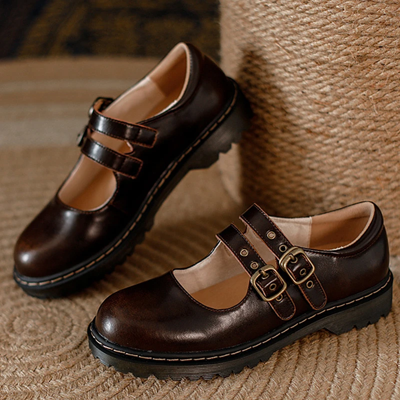Brown Leather Vintage Nostalgia Buckle Platform Mary Janes Shoes Women Shallow Student Thick Bottom Cowhide Black Loafers