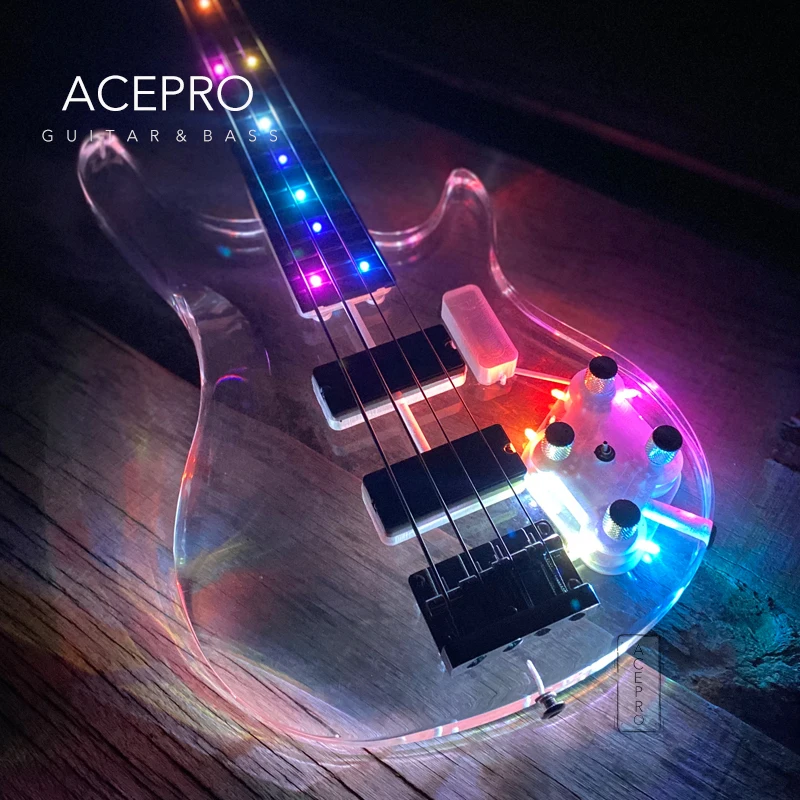 4 String LED Light Acrylic Electric Bass Guitar Colorful Color LEDs, Crystal Body Maple Neck High Quality Free Shipping