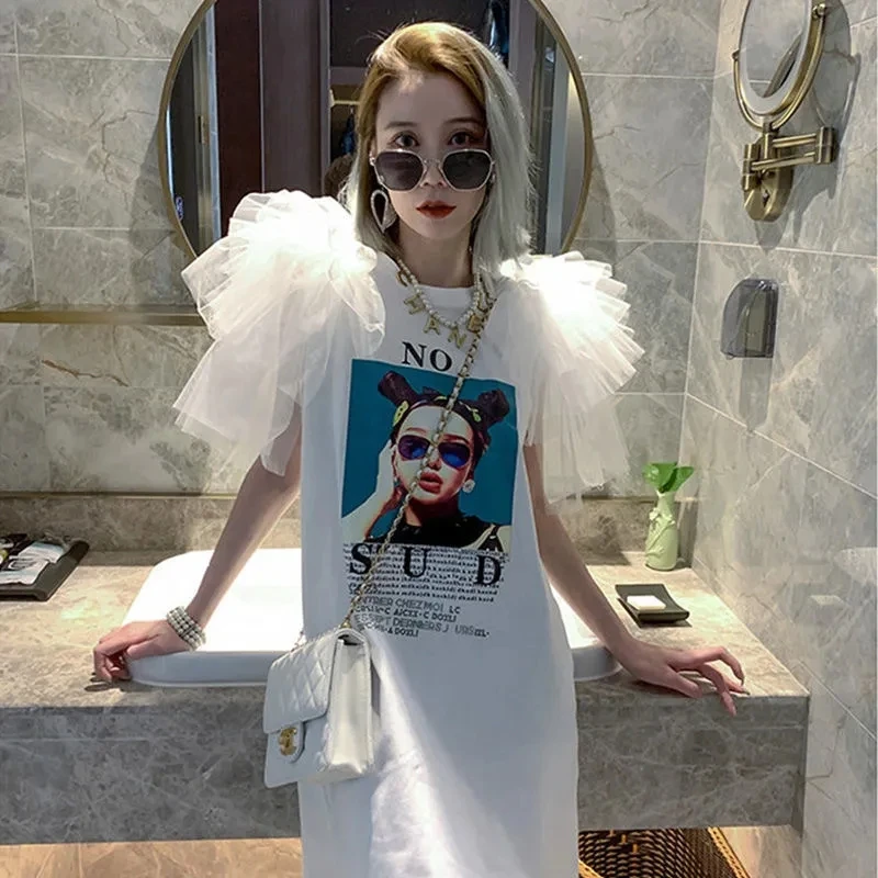 Summer Women Streetwear Long T Shirt Dress Female Print Sequined Ruffles Sleeve Casual Tees Party Tops White Dresses 