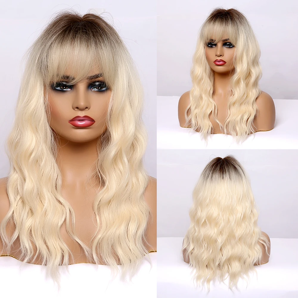 ALAN EATON Ombre Black Blonde Medium Long Water Wave Wig for Women Natural Shoulder Length Cosplay Wig with Bangs Heat Resistant