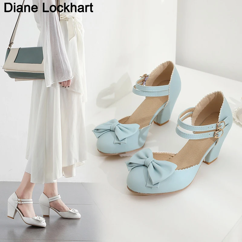 Dropshipping Summer 2025 Ladies Heels Platform Cute Bow Princess Mary Jane Lolita Shoes Party High Heel Buckle Women Pumps Blue