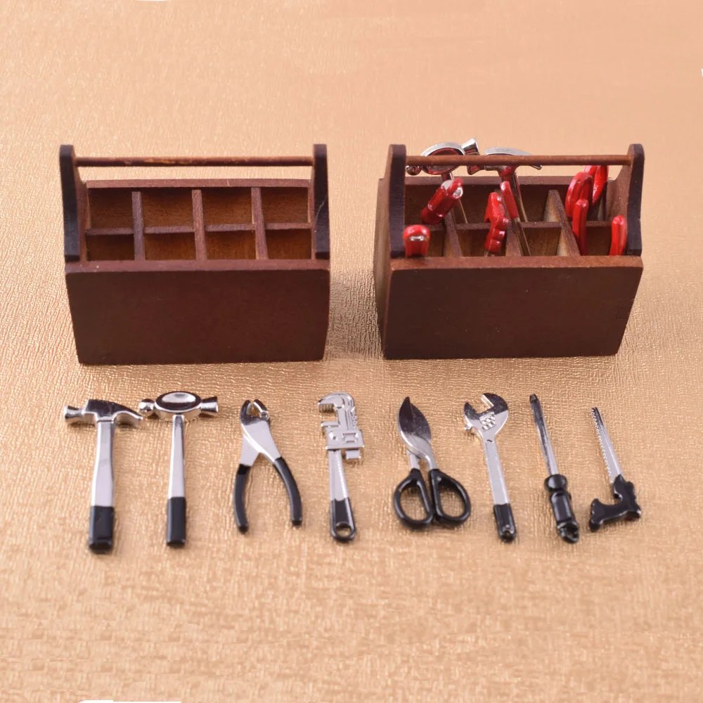 Mini Toolbox with 8pcs Tools Multi-Tool Model Set Miniature Wooden House Tool Box Dressing Toys Scene DIY Fairy Garden Dollhouse