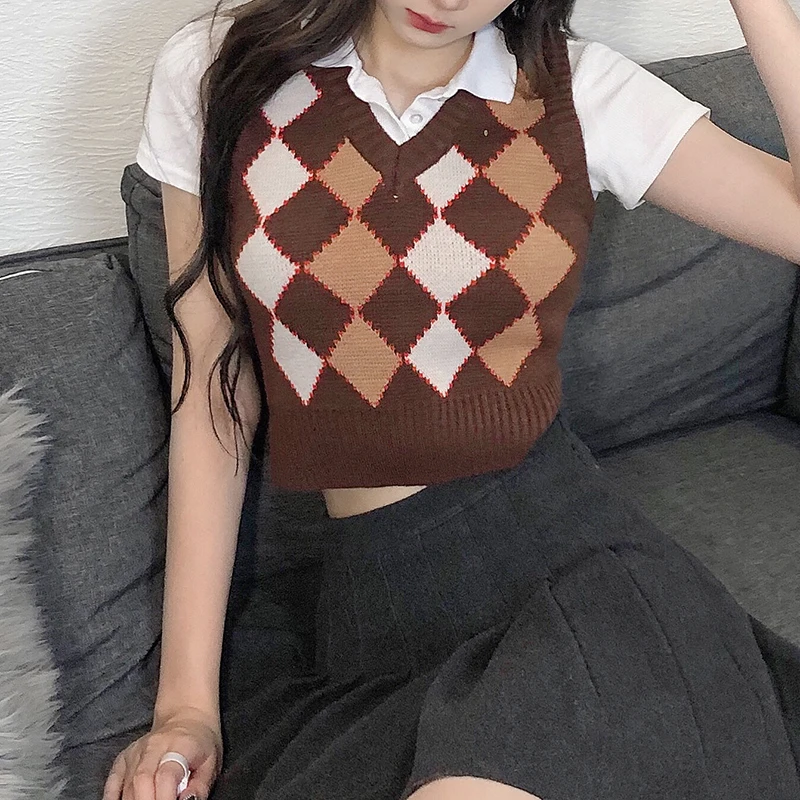 Argyle Vrouwen Trui Vest Vintage Herfst Knit Trui Leuke Crop Jumper Korte Trui Streetwear Bruin Top Dropshipping