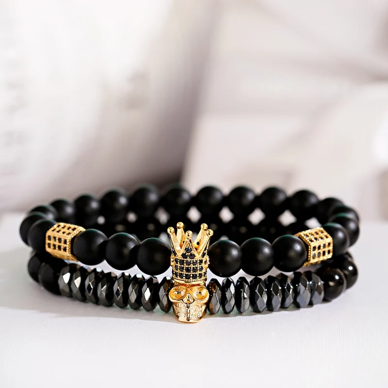 Luxury Men Stone Beads Skull Erkek Bileklik Bracelet Set Black CZ Crown Copper Bracelets For Women Pulseras Mujer